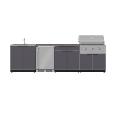 Ensemble d'armoires d'extérieur gris ardoise en aluminium 6 pièces avec évier, bar, gril, gril au propane liquide 33 po, plateau en pierre d'ingénierie grise 56 po et réfrigérateur en acier inoxydable