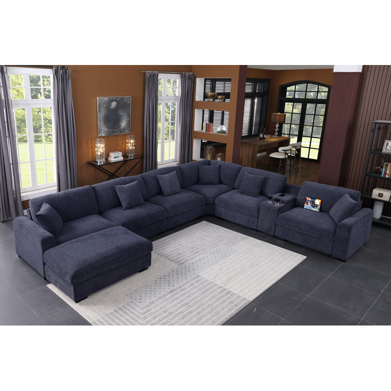 Modern Upholstered Cloud Modular Corner Sectional Sofa With Consoles, 36" H x 162" W x 137" D, Dark Blue Chenille