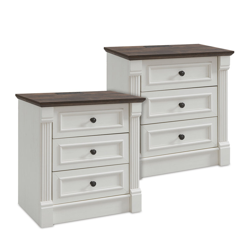 Burlington 26" Tall Nightstand with Charging Station, Farmhouse 23.6" Wide Large End Table w/Roman Column, 2, Antique White