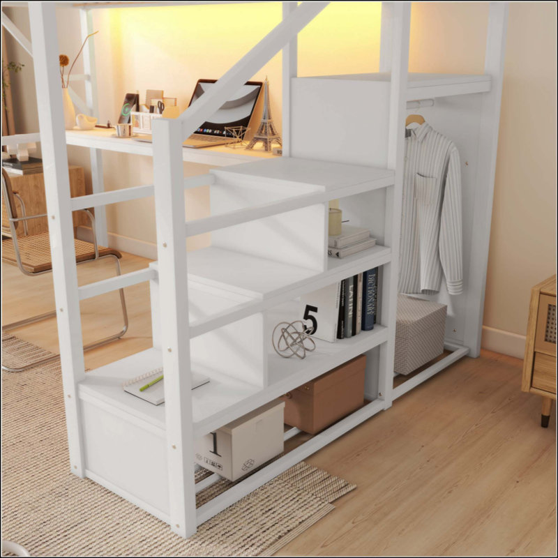 Lit avec bureau et station de charge, lit mezzanine en métal avec escalier et lumière pour enfants adolescents