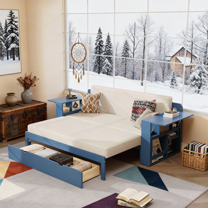 Grand lit de jour avec bureau amovible, Grand lit, Bleu