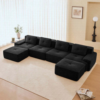 153" Modern Modular Sectional In Corduroy, 4-Seater Couch With 2 Ottoman