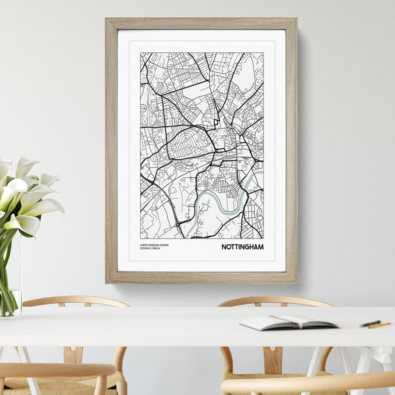 Map Nottingham UK - Picture Frame Graphic Art, 65cm H x 48cm W x 2cm D, Oak