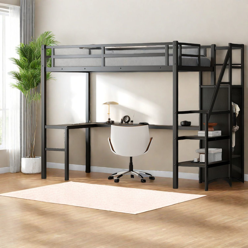 Lit mezzanine en métal peu encombrant avec rangement et bureau, conception moderne pour la maison et la famille
