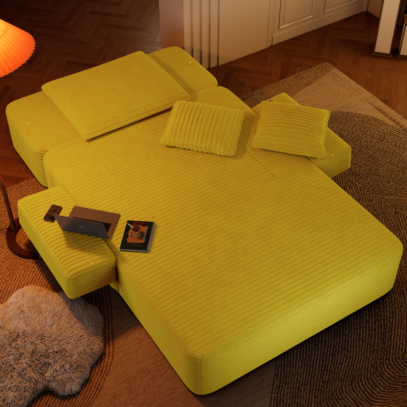 Très grand canapé-lit en velours côtelé, poches de rangement jaunes