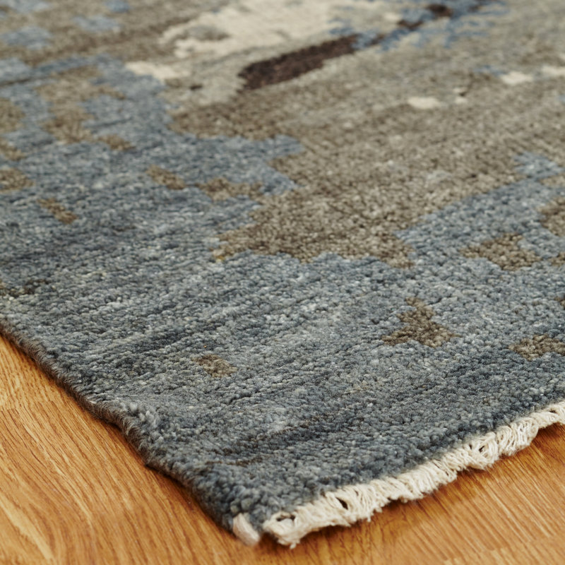 Tapis bleu / gris / brun / blanc en laine / viscose à motif géométrique Heracleitus, Rectangle 6 pi x 9 pi