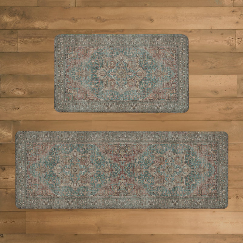 Anti-Fatigue Anti-Slip Waterproof Kitchen Mat, Runner 17" x 47"+17" x 30", Red/Brown/Green