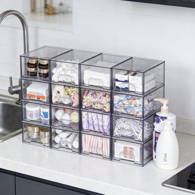 Clear Stackable Storage Drawers, 12-Pack Acrylic Organizer Bins With Handles For Makeup, Bathroom, Vanity, Kitchen Cabinet, Pantry And Home Organization