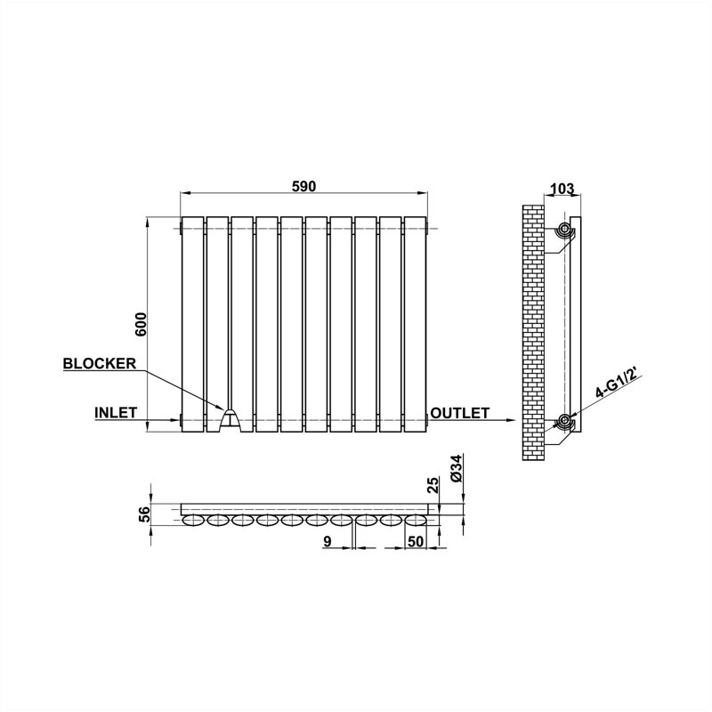 Horizontal Oval Panel Radiators, Grey, 60cm H x 59cm W x 5.6cm D