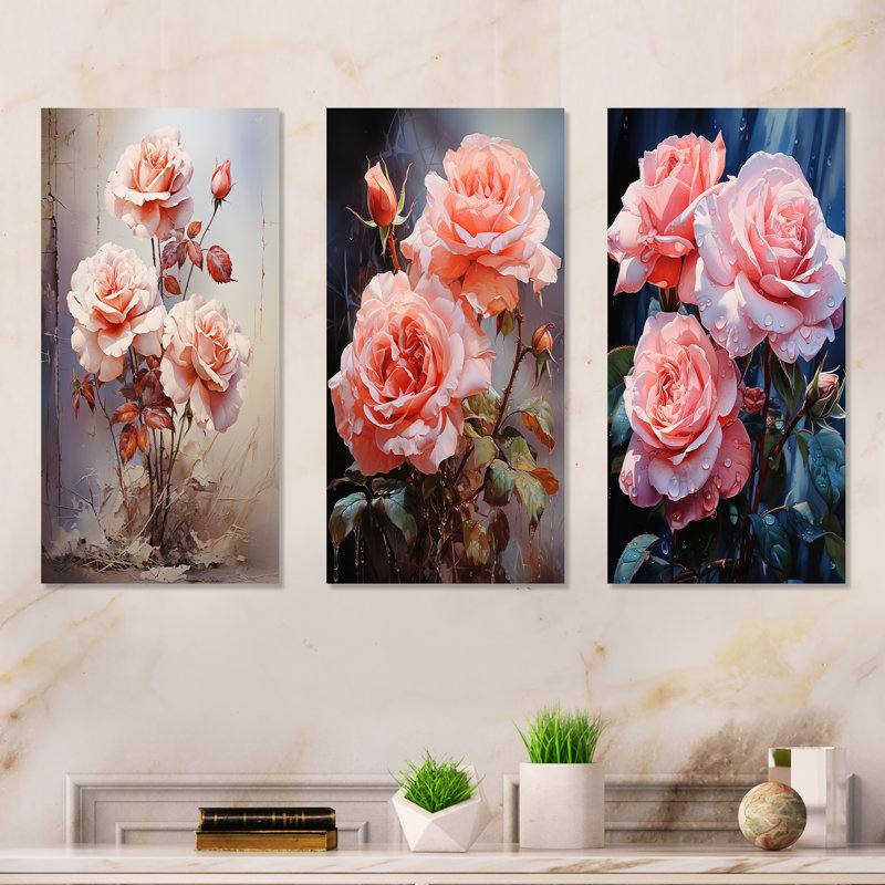 Pink Roses Symbolic Allure - Roses Metal Wall Art Living Room Set Of 3, 32" H x 48" W