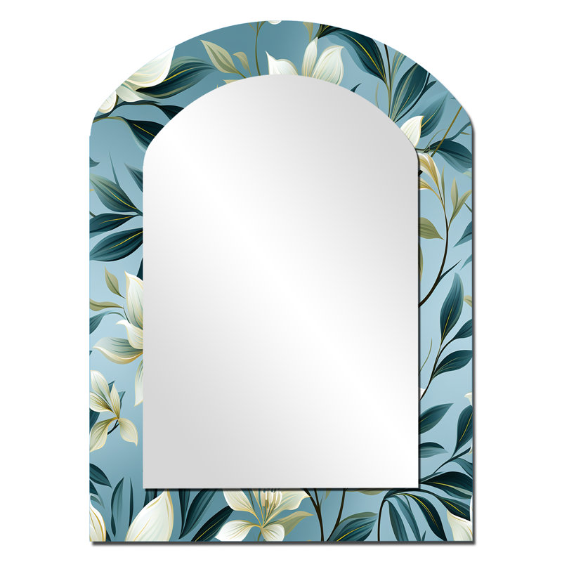 Oday Oceanic Foliage Botanical Pattern - Tropical Asymmetrical Decorative Wall Mirror, Green Arch Large Mirror, Printed Metal Art