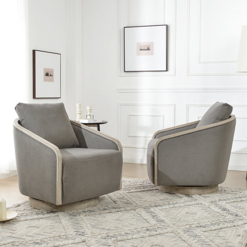 30" Wide Polyester Upholstered Swivel Barrel Chair With Wood Base Set of 2, Slate Gray