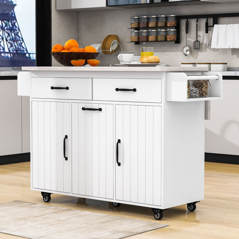 Okeima Kitchen Island Cart with Drop Leaf, Spice and Towel Racks, Trash Can Storage and Rolling Wheels, Cream/White