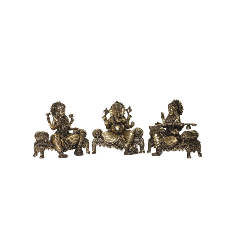 Statue de 5 po en laiton Lakshmi Ganesha Saraswati sur Singhasan