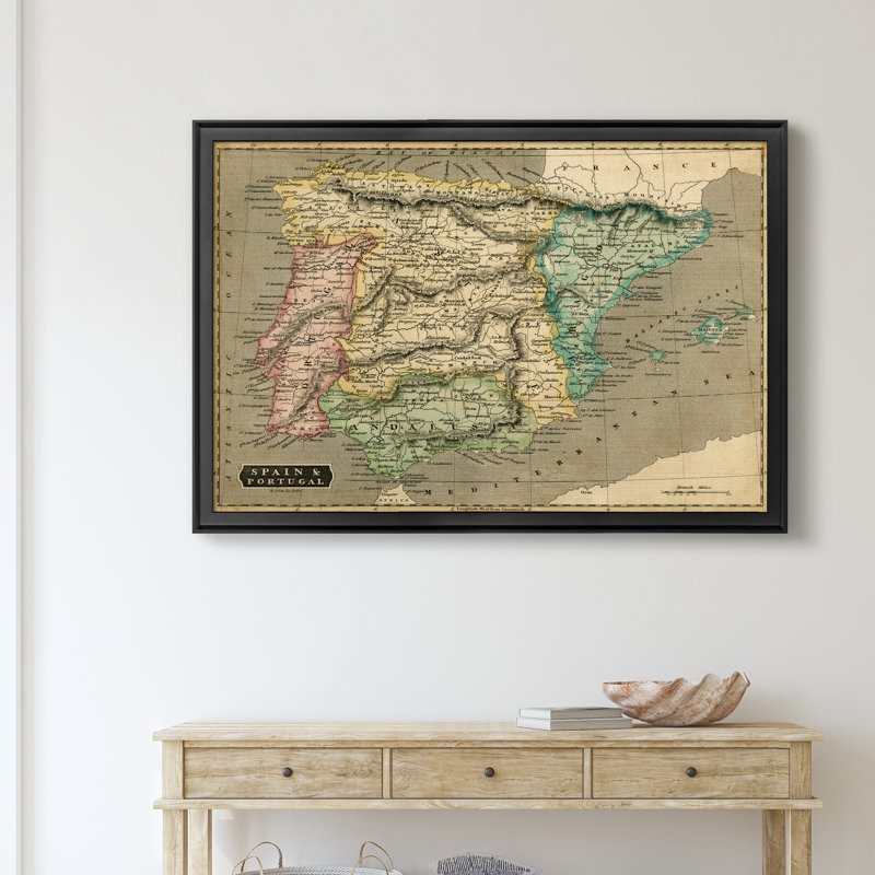 Carte de l’Espagne de Thomson-impression d’art graphique sur toile encadrée, H 18,5 po x l 24,5 po x P 1,5 po, Cadre noir