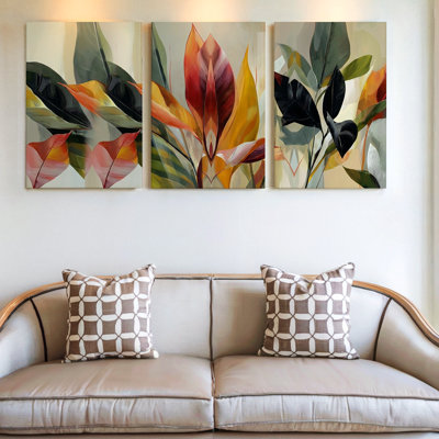3 Pieces Abstract Tropical Leaves Large Wall Art for Modern Decor, Three Pieces Wall Art for Living Room, Bedroom, Office, and Home Decor, Framed Look