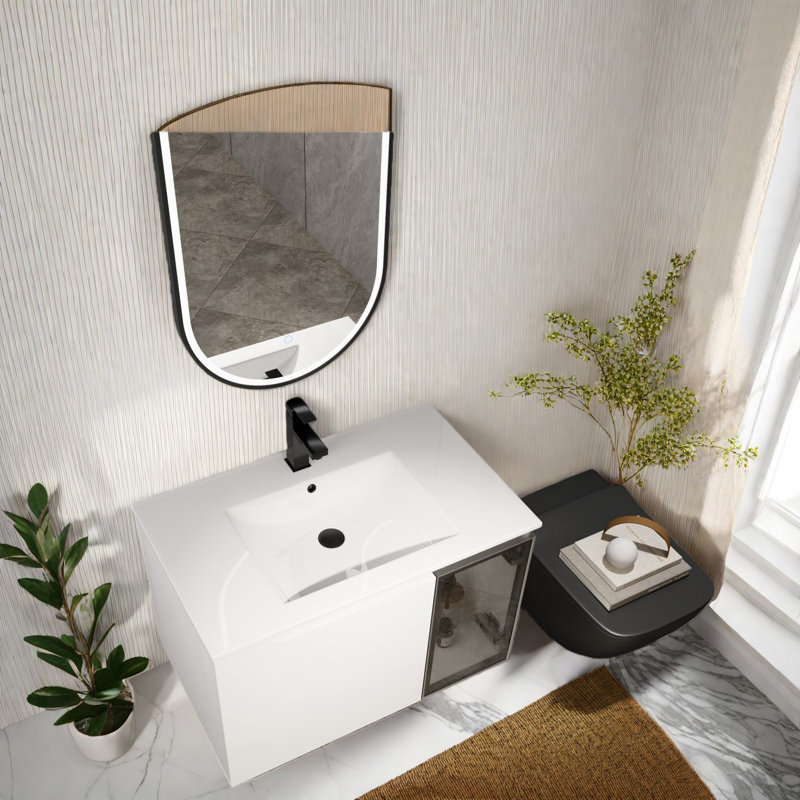 Meuble-lavabo mural contemporain avec lavabo en céramique, blanc brillant, design moderne