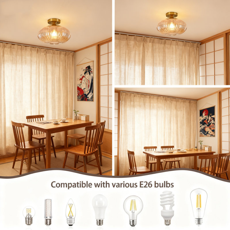 Vintage Semi Flush Mount Ceiling Light Fixture With Amber Glass Globe Shade, E26 Base Indoor Lamp For Hallway, Kitchen, Closet, And Dining Room