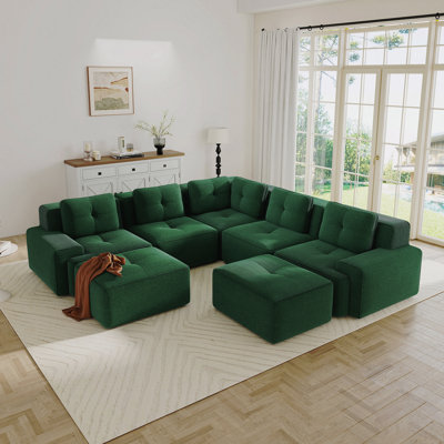 Canapé modulaire en forme de V dans des salles familiales spacieuses avec canapé à 5 places, canapé d'angle, tissu en velours côtelé, 2 repose-pieds mobiles, siège profond pour le salon, passepoil perlé, conception capitonnée, sans assemblage, conception antidérapante, vert