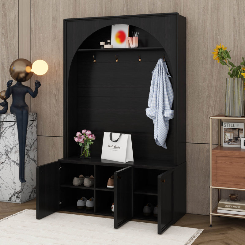 Arched Mudroon Coat Rack With Storage Bench, Hall Tree With 4 Hooks, Entryway Bench With 3 Cabinets And Adjustable Shelves