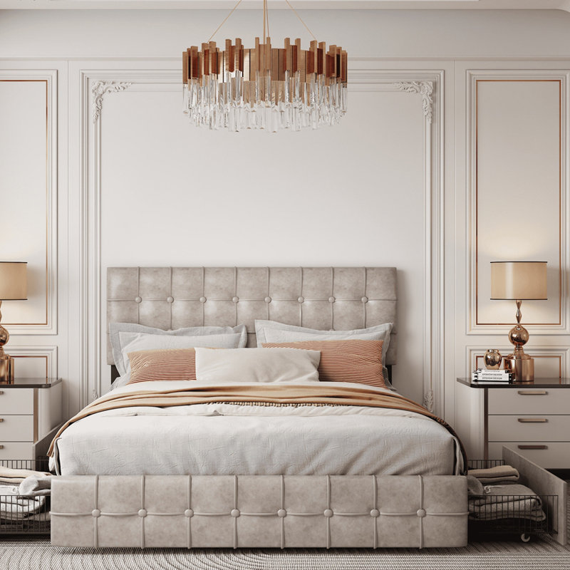 Lit plateforme capitonné avec rangement Floden, Beige, Grand