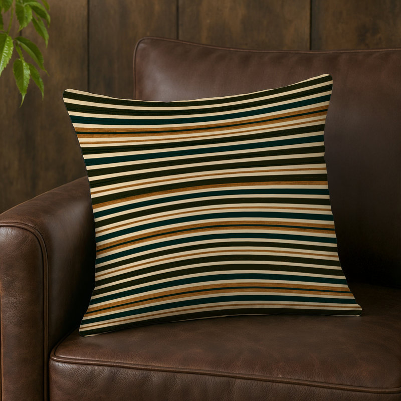 Coussin décoratif horizontal et extérieur à rayures horizontales, Vert chasseur / crème, Carré 18 po