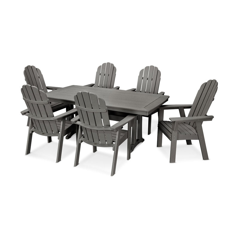 Ensemble repas 7 pièces POLYWOOD Vineyard Curveback Adirondack avec pieds en tréteaux, Gris ardoise, Gris ardoise