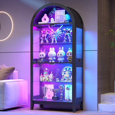 5 - Shelf Arch Bookcase With Tempered Glass, Display Cabinet With Rgb Light And Motion Sensor