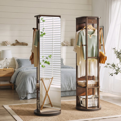 Freestanding Full-Length Rotating Mirror Cabinet with Jewelry Storage and Multi-Functional Hooks