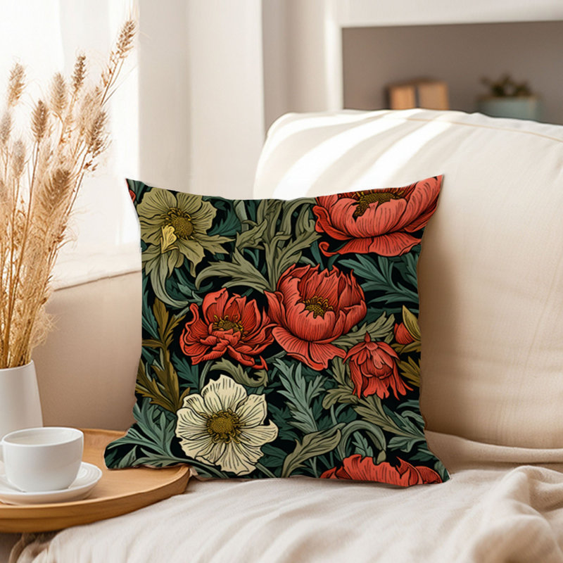 Animals William Morris Birds Damask Pattern I Cottage, 16" H x 16" W, Floral Damask Flowers Leaves IX