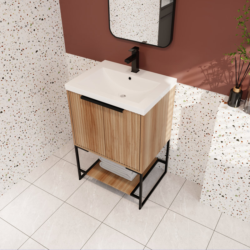 Meuble-lavabo simple avec plateau 23,94 po Zylphia, Naturel, Noir mat