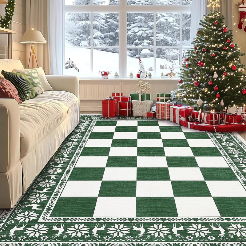 8x10 Checkered Christmas Area Rug, Washable Non Slip Low Pile Rug for Dining Room, Green, Rectangle 8' x 10', Green