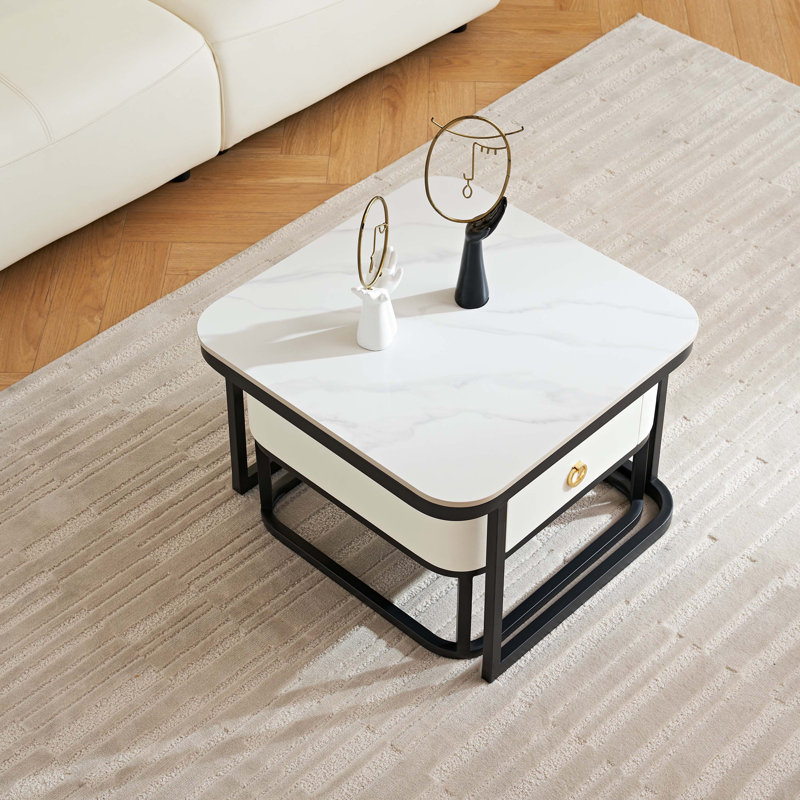 Marble Nesting Table, Coffee Table Set of 2 End Table,Accent Tea Table with Metal Frame,Black