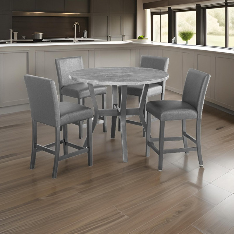 Ensemble de table de comptoir 5 pièces Monira, 4 chaises, similicuir gris scintillant