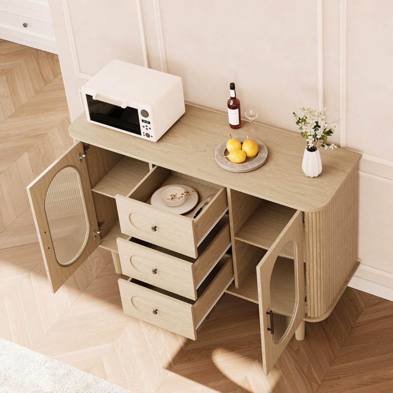 Buffet 47 "avec portes cannelées en verre - Crédence moderne Mid-Century avec tablettes réglables, Chêne