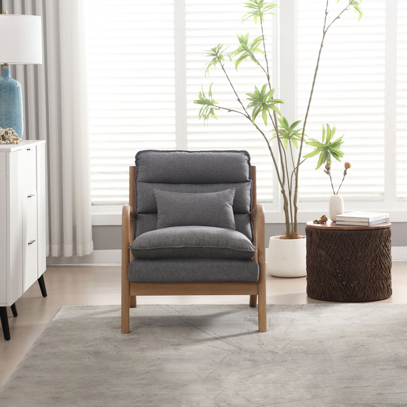 65.5cm Wide Modern Solid Wood Frame Upholstered Armchair with Lumbar Support Pillow, Grey
