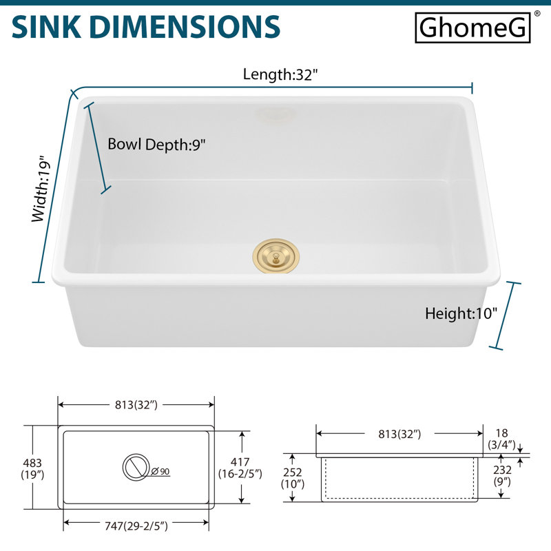 32"Lx19"Wx10"H White Undermount Kitchen Sink Cersamic Single Bowl Rectangular Sink with Accessories