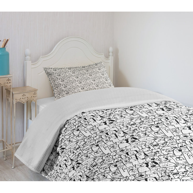 Ambesonne Ambesonne Dogs Bedspread Set Monochrome Doodle Art Animals Charcoal Grey and White