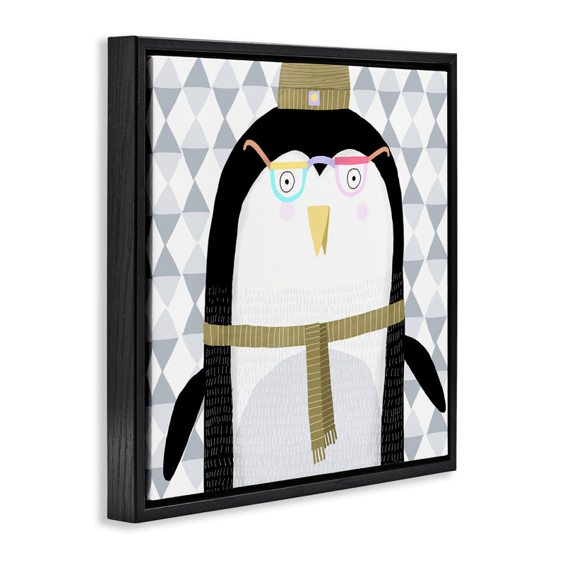 «Penguin in Beanie Hat», art mural encadré sur toile flottante, design par Carla Daly, Cadre flottant noir de jais