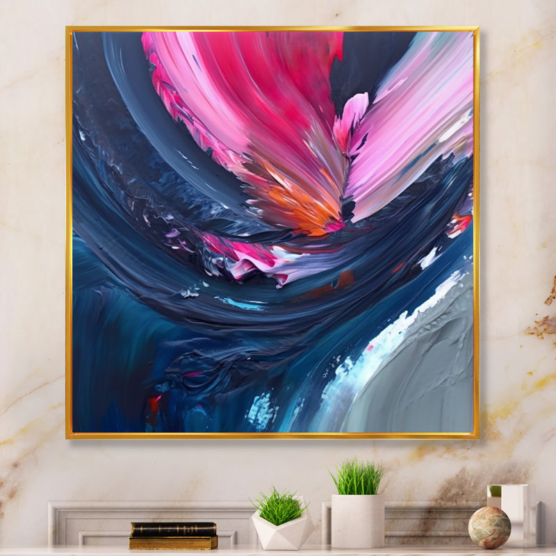 Dennice, art texturé abstrait bleu et rose, H 36 po x l 36 po x P 1,5 po, Cadre flottant doré