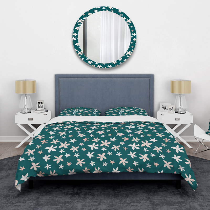 Fleurs roses et blanches rétro sur fond vert - ensemble de housse de couette traditionnel - microfibre de polyester