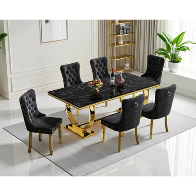 Luxury 68" Faux Marble Dining Table Set, Modern Dining Room Table with Dining Chairs, Black Dining Table with Faux Marble Top & Stainless Steel Pedestal, Large Dining Table and Chairs Set for Home Furniture