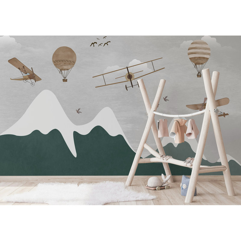 Vintage Airplanes and Mountains Wallpaper in Neutral, 75"L x 112"W