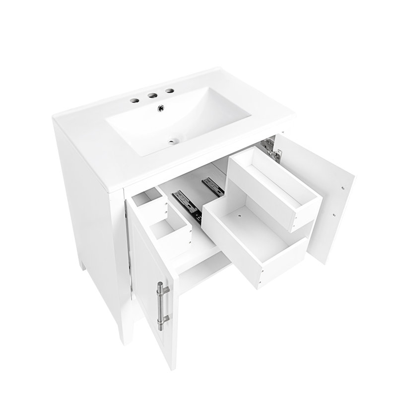 Meuble-lavabo blanc avec lavabo en céramique - Armoire de rangement autoportante 30 po et poignées élégantes