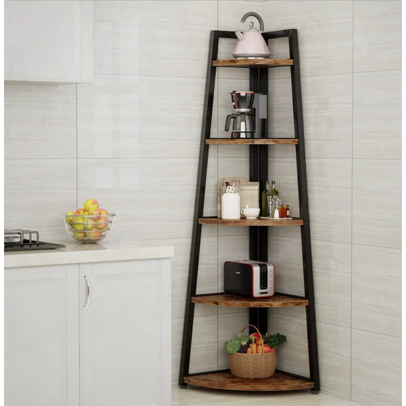 5 Tier Rustic Brown Corner Bookshelf Bookcase, Rustic Brown
