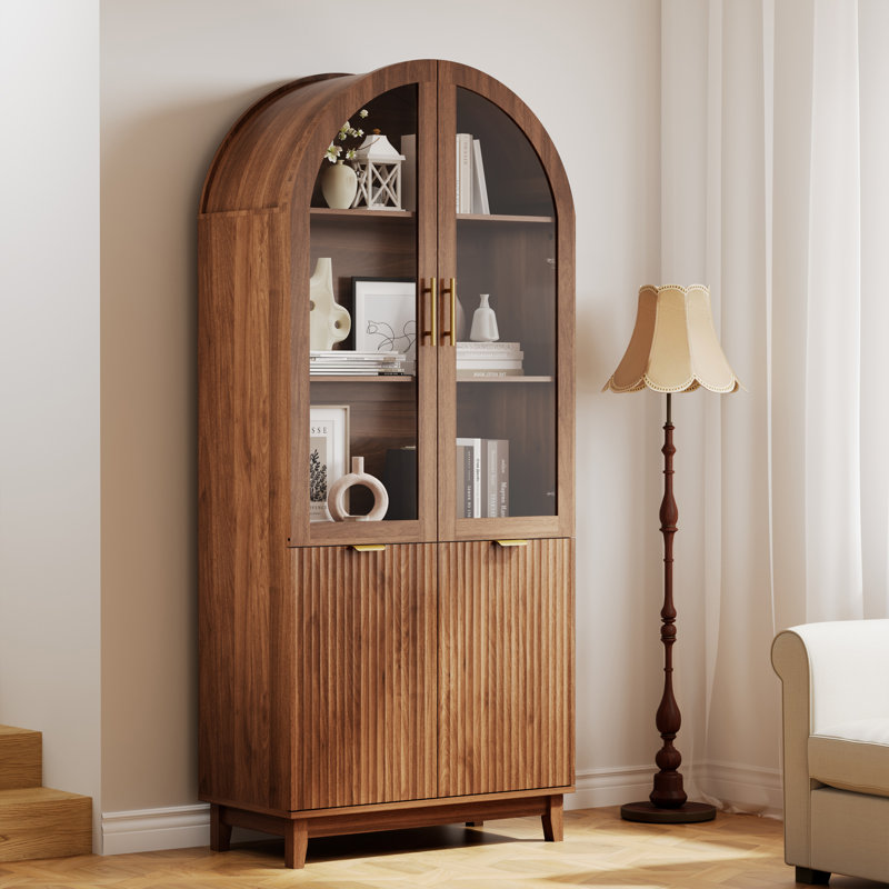 Armoire arquée de 71 po de hauteur, garde-manger cannelé avec portes en verre, tablettes réglables, Noyer