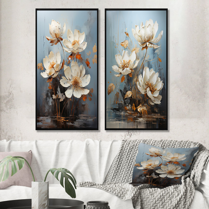 Ensemble de 2 décorations murales lotus lotus au clair de lune, Cadre noir, H 28 po x l 25 po
