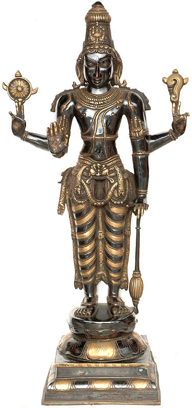 Brass Chaturbhuja Narayana Vishnu Statue, 37.5 in. Tall     Handcrafted Hindu Deity Figurine for Home Temple & Meditation Room