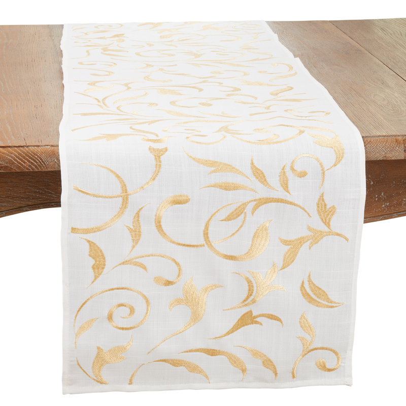 Gold Botanical Embroidered Leaves Polyester Table Runner
