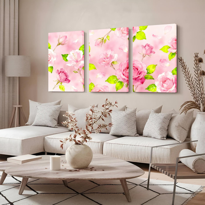 Ensemble de 3 toiles murales à l'aquarelle représentant des roses roses, H 36 po x l 72 po